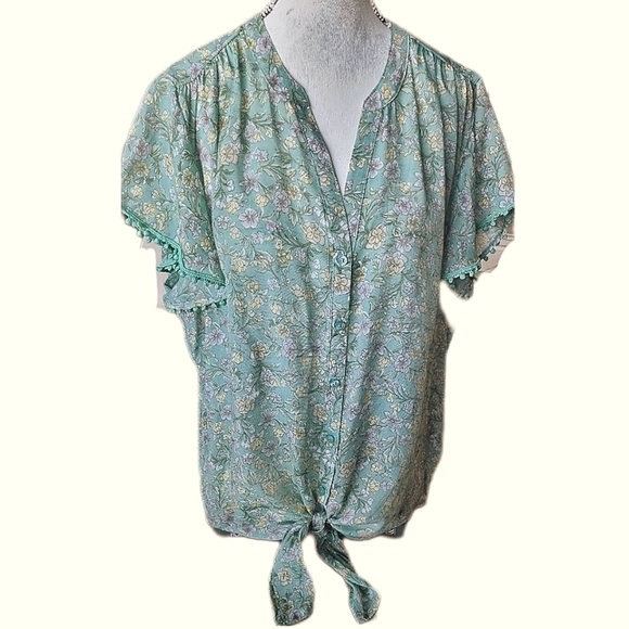 Harve Benard mint green floral Blouse button front bottom tie Size L. - Picture 2 of 7